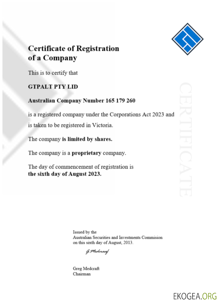 Australie Certificat GTPALT d'enregistrement de société Word et modèle PDF